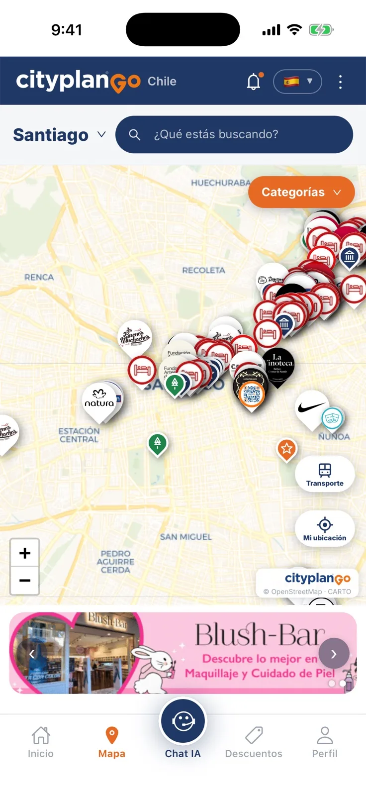 Mapa de Cityplan GO con los pines de los lugares cercanos